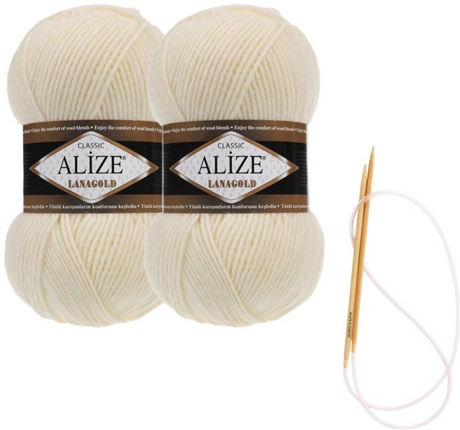 alize 라나골드 뜨개실 100g x 2p 목도리 패키지 도안 및 대바늘, 01, 1개