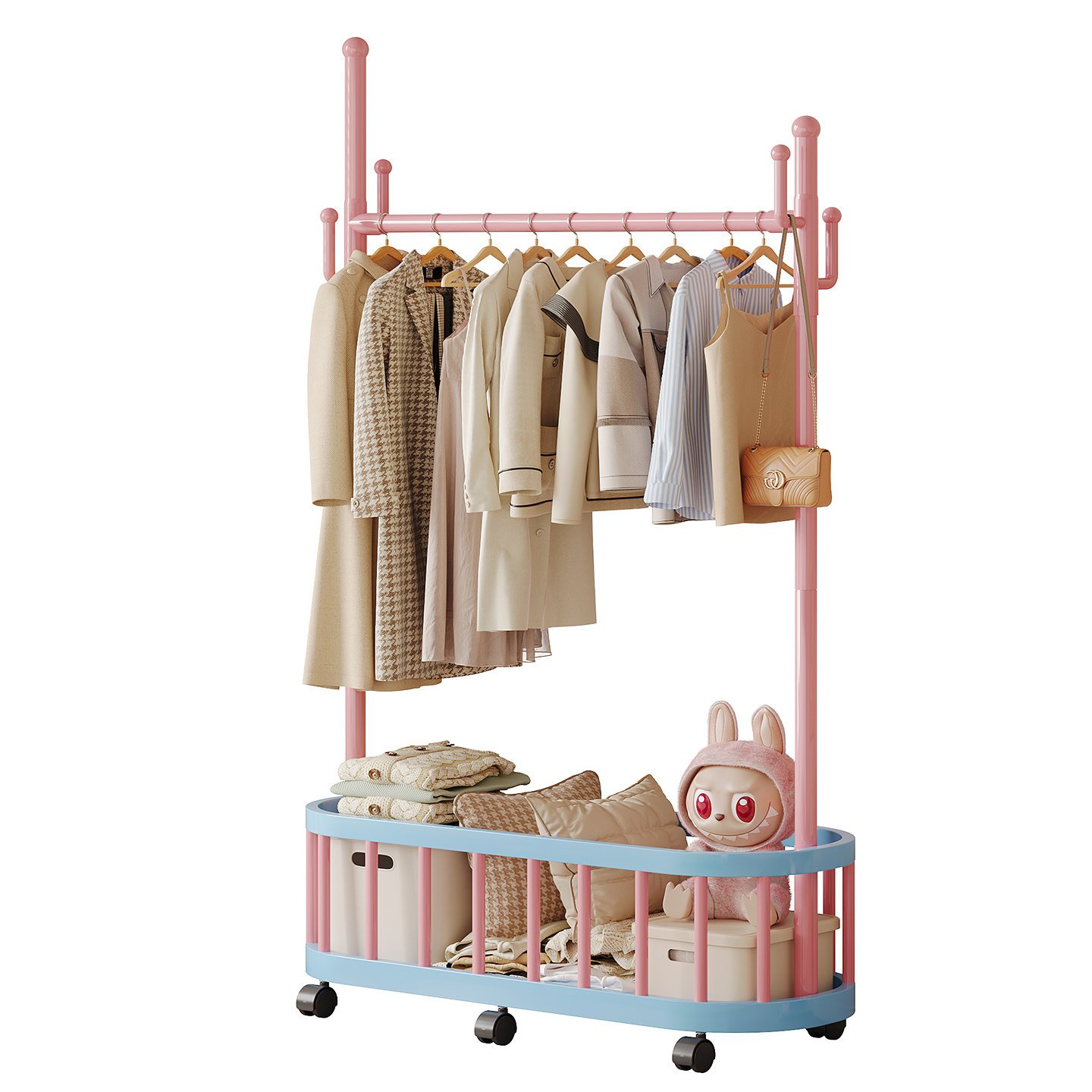 키즈 아동 이동식 행거 스탠드형 옷걸이 수납행거 바퀴형 (60~100cm), 스카이블루 60cm 상세 이미지 2