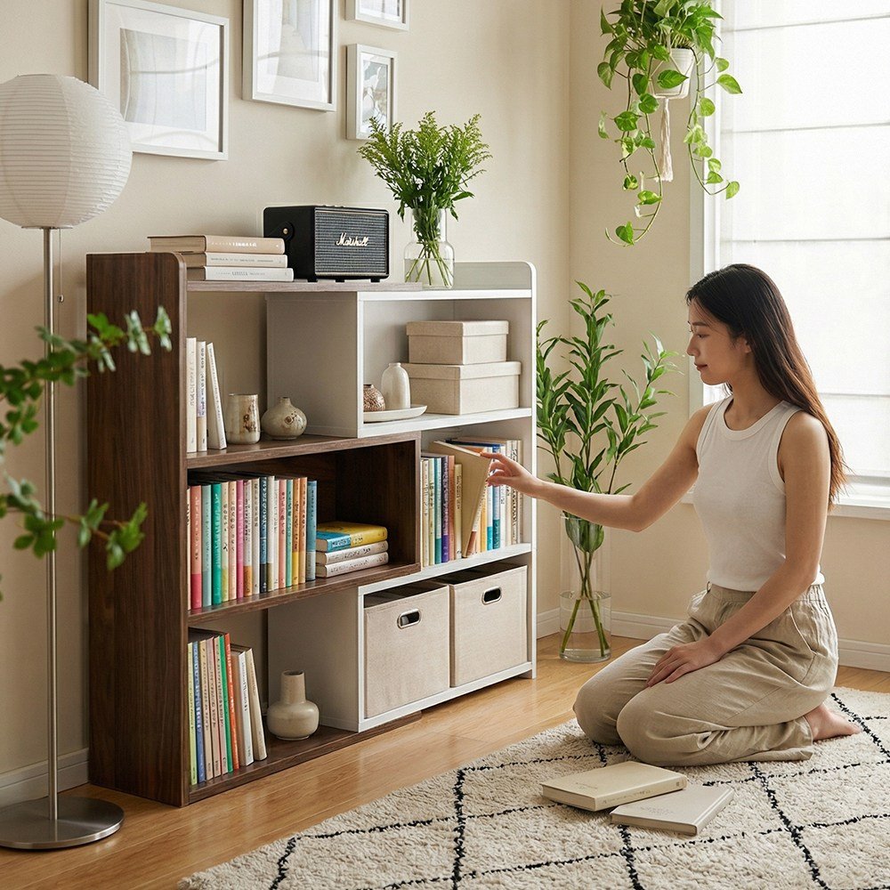 Bloom 원목책장 접이식 확장형 간편수납, 3단, 월넛 + 화이트할인 상세 이미지 2
