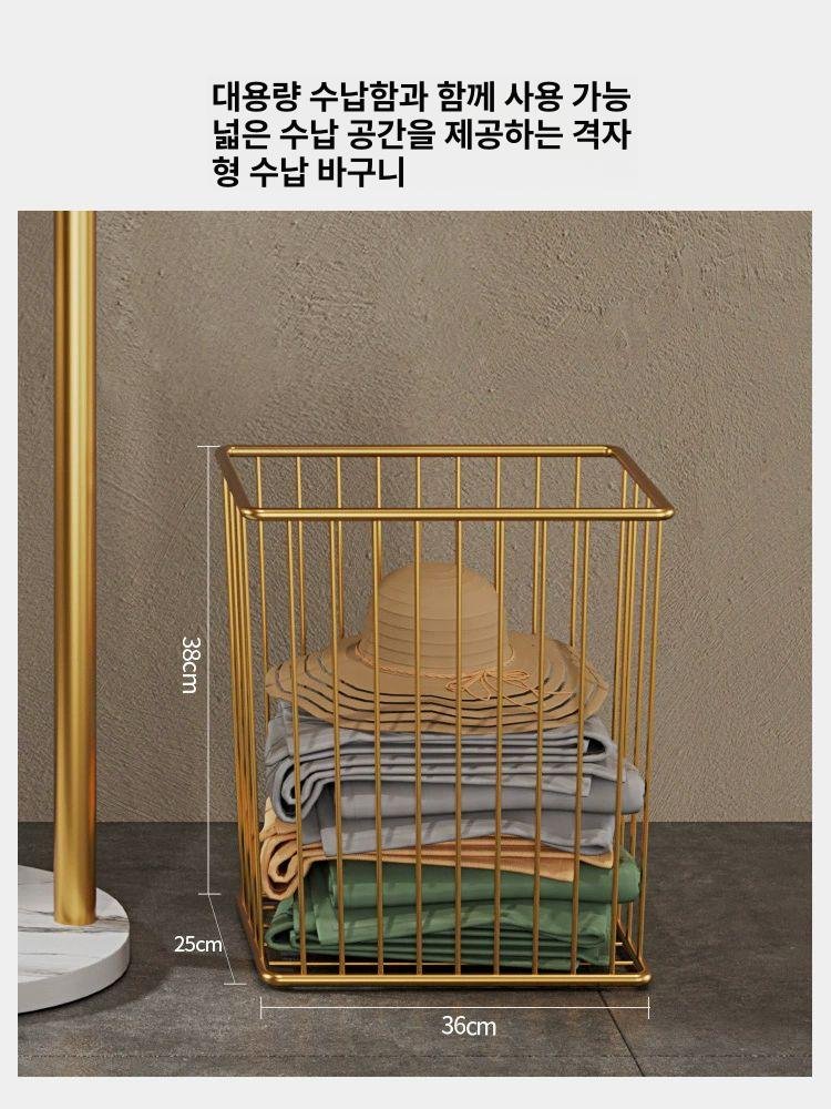 철제 스탠드 행거 드레스룸 선반 원룸 옷가게 옷장 수납 아티후크 거치대, 중형 골드 블랙 바구니 포함 상세 이미지 2