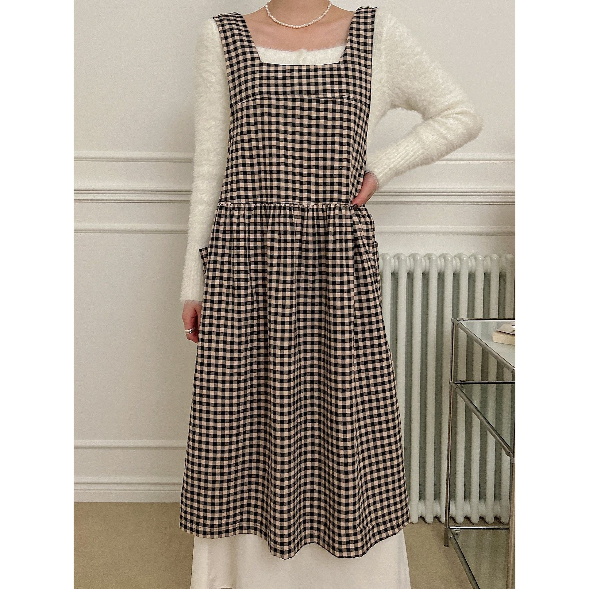 리모닝 체크 이정현 백지영 세련된 심플한 모던 북유럽 앞치마, 카키, 1개 상세 이미지 1