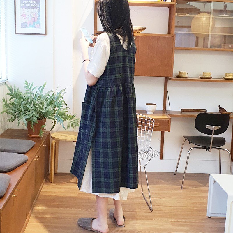 방가지똥 롱주름 단추없는 체크앞치마, 총기장 106, 1개할인 상세 이미지 1