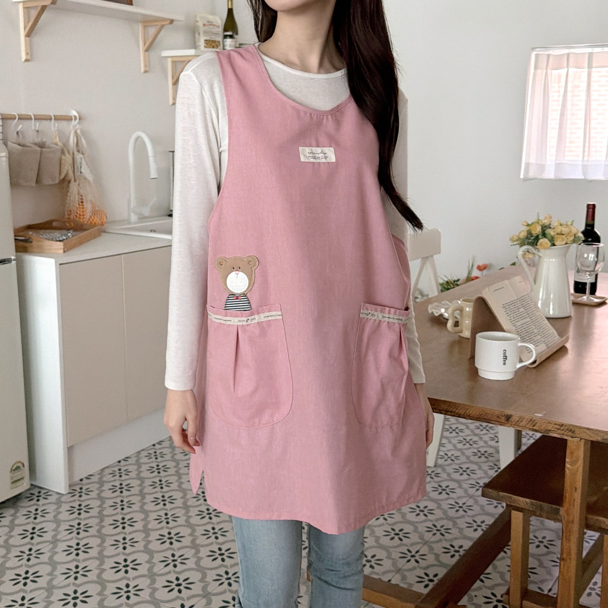 동글이베어 앞치마 어린이집 보육교사 유치원 선생님 실습 원피스앞치마 린다스 에이프런샵, 1개, 진블루 상세 이미지 1