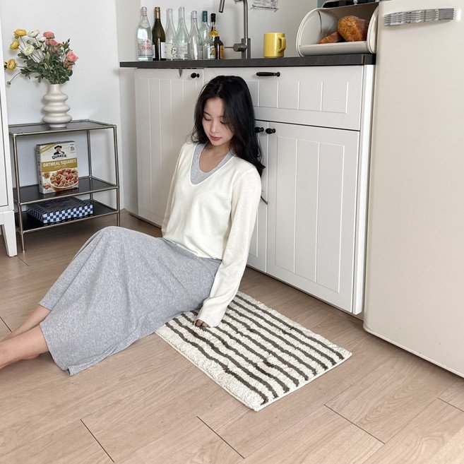 디아르 스트라이프 시밀레 극세사 욕실 주방 화장실 현관 발매트, 1개, 브라운