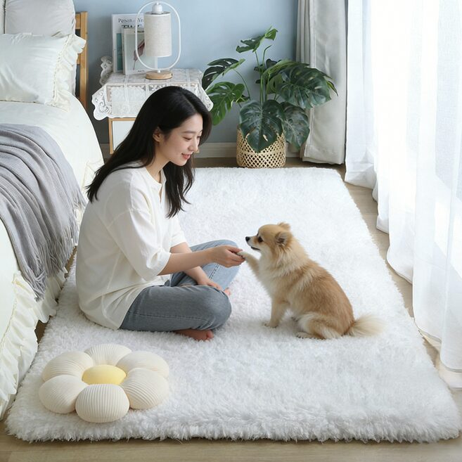 CIVILEE 극세사 샤기 러그 거실 침실 카페트 부드러운 장모 러그 사계절 미끄럼방지 물세탁 가능 화이트